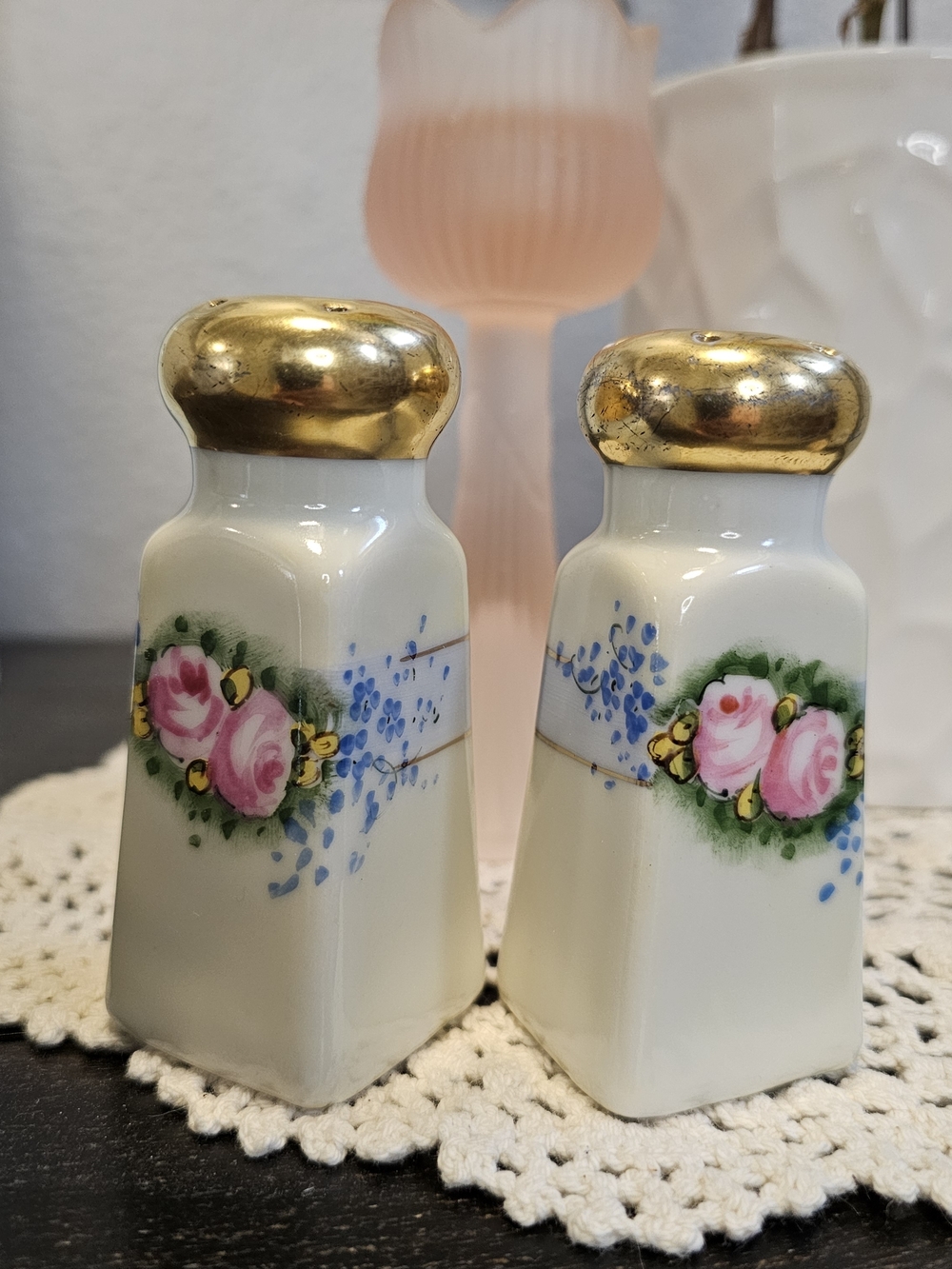 Vintage Porcelain Hand-painted Pink Rose Gold-Top Salt and Pepper Shakers